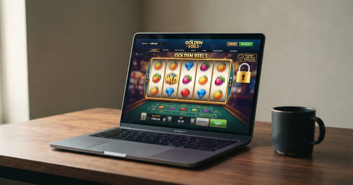 Page d'accueil d'un casino en ligne affichant un cadenas et le logo de la Malta Gaming Authority, écran d'ordinateur portable posé sur un bureau sobre