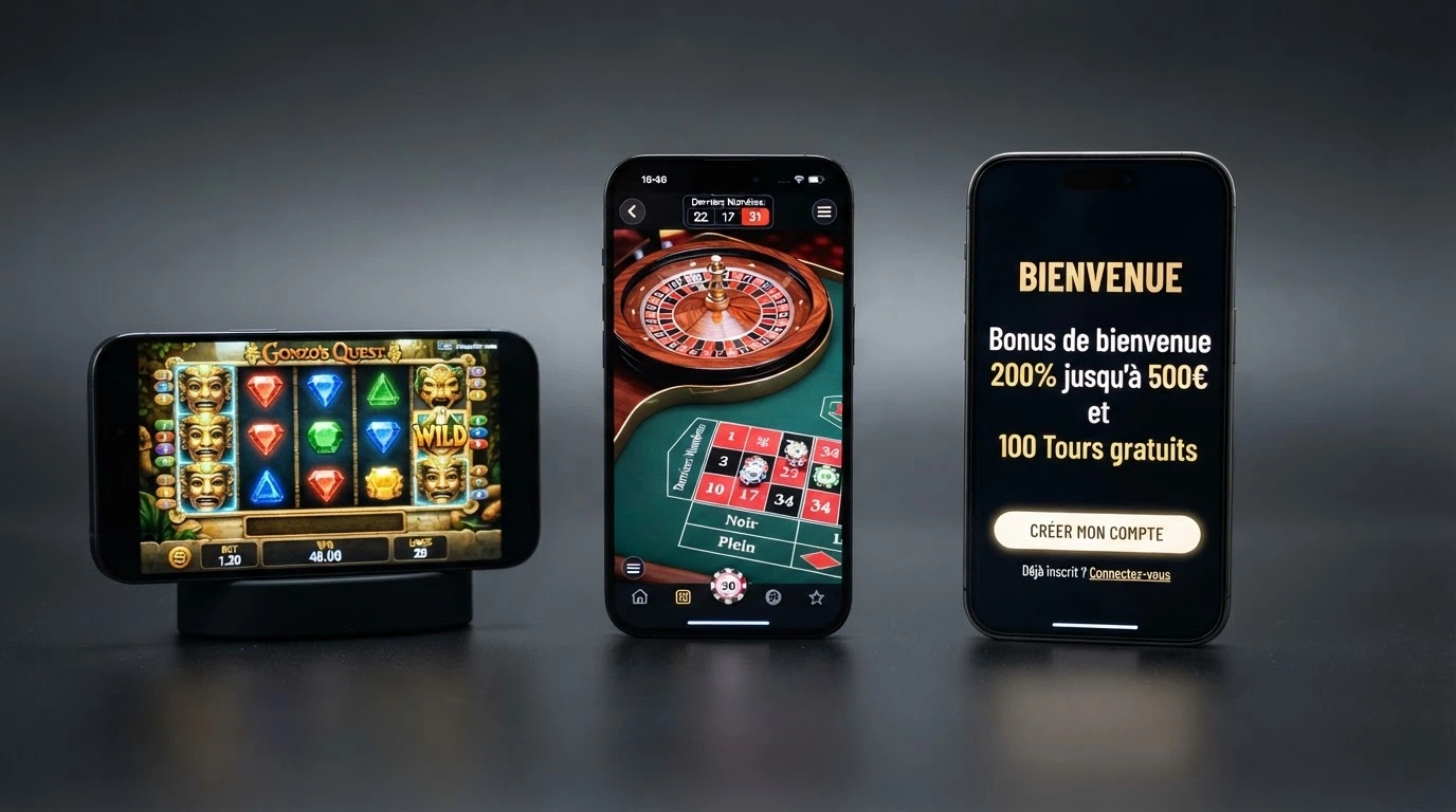 Écrans de smartphones affichant côte à côte plusieurs interfaces de casinos en ligne, avec des bannières de bonus en français