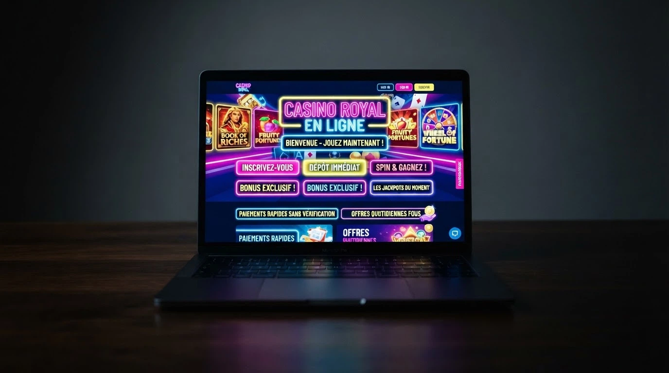Un écran d'ordinateur affichant la page d'accueil d'un site de casino aux couleurs criardes, posé sur un bureau sombre, sans aucun logo officiel ni mention légale visible.
