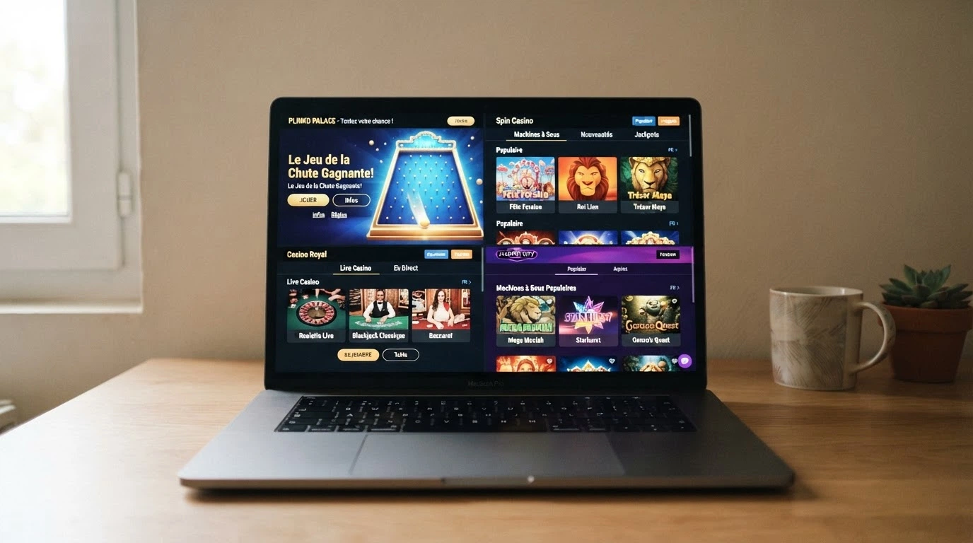 Écran partagé montrant les pages d'accueil de plusieurs casinos Plinko accessibles depuis la France, avec leur interface en français