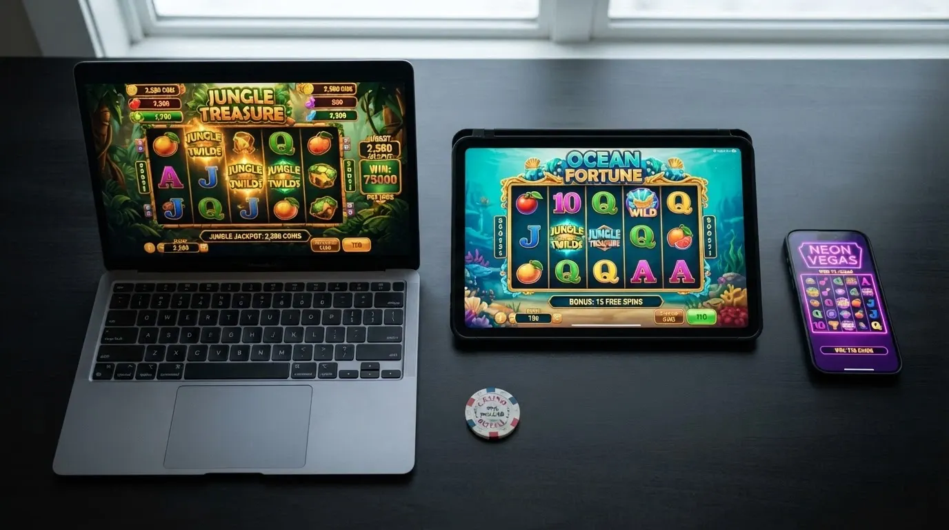 Plusieurs écrans de casinos en ligne affichant leurs lobbys de machines à sous, comparés côte à côte