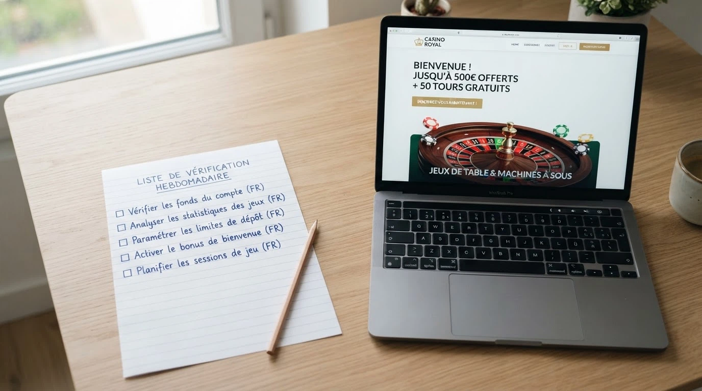 Une check-list manuscrite posée à côté d'un écran affichant la page d'accueil d'un casino en direct