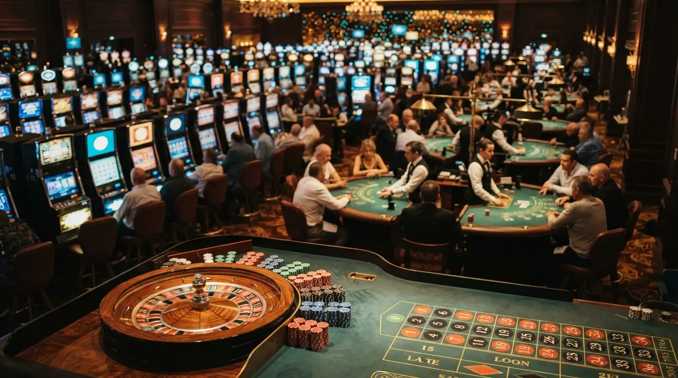 Tableau comparatif stylisé listant des noms de casinos avec des barres de parts de marché décroissantes, sur fond de carte de France