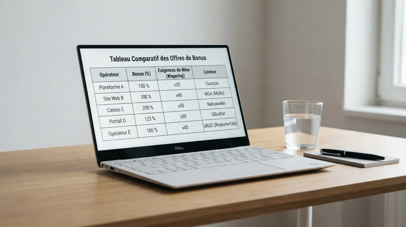 Tableau comparatif listant les 10 opérateurs avec leurs colonnes : bonus, wagering, licence et statut ANJ
