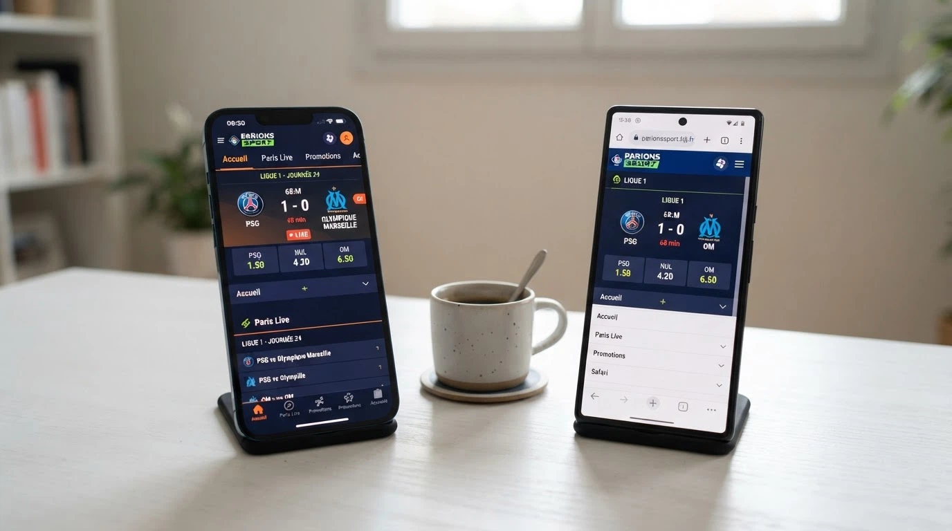 Deux écrans de smartphone côte à côte : l'un montre une application de paris sportifs téléchargée, l'autre affiche le même site dans un navigateur mobile
