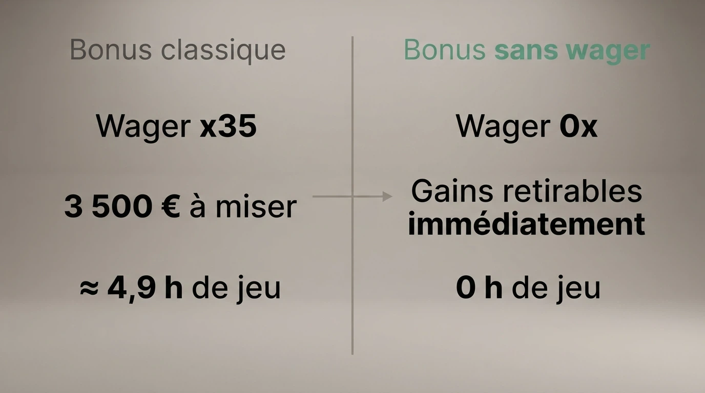 Deux colonnes côte à côte : à gauche « Bonus classique : wager x35 → 3 500 € à miser », à droite « Bonus sans wager : 0x → gains retirables immédiatement ».