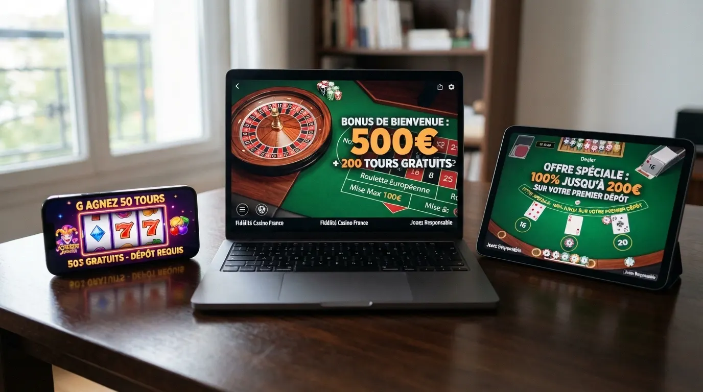 Écran partagé montrant les pages d'accueil de plusieurs casinos en ligne avec leur offre de bienvenue affichée