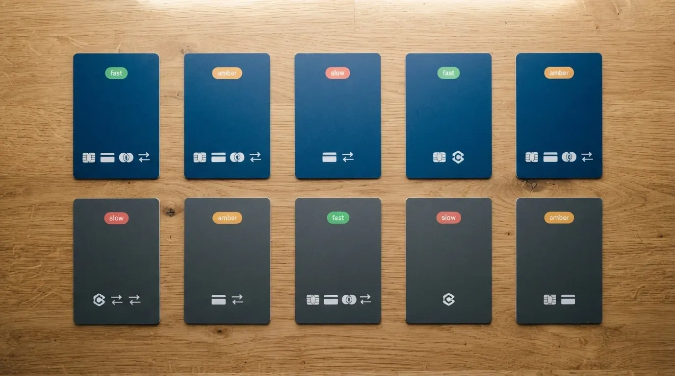 Un classement visuel sous forme de cartes alignées montrant des opérateurs de jeux en ligne avec des badges de rapidité et des icônes de méthodes de paiement