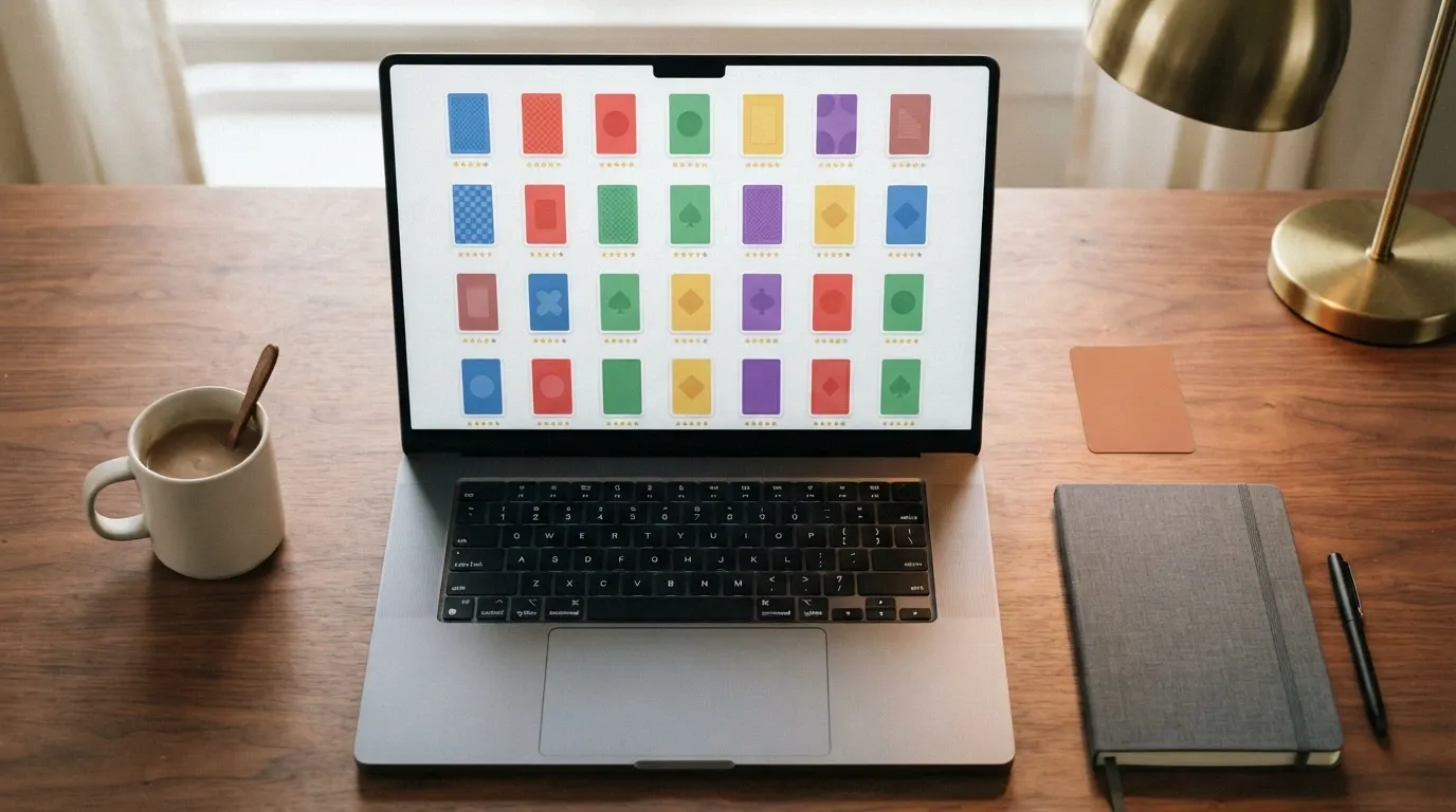 Écran d'ordinateur affichant une grille de logos de casinos en ligne avec des notes et des étoiles à côté de chaque opérateur, une carte Visa Sumeria posée sur le bureau