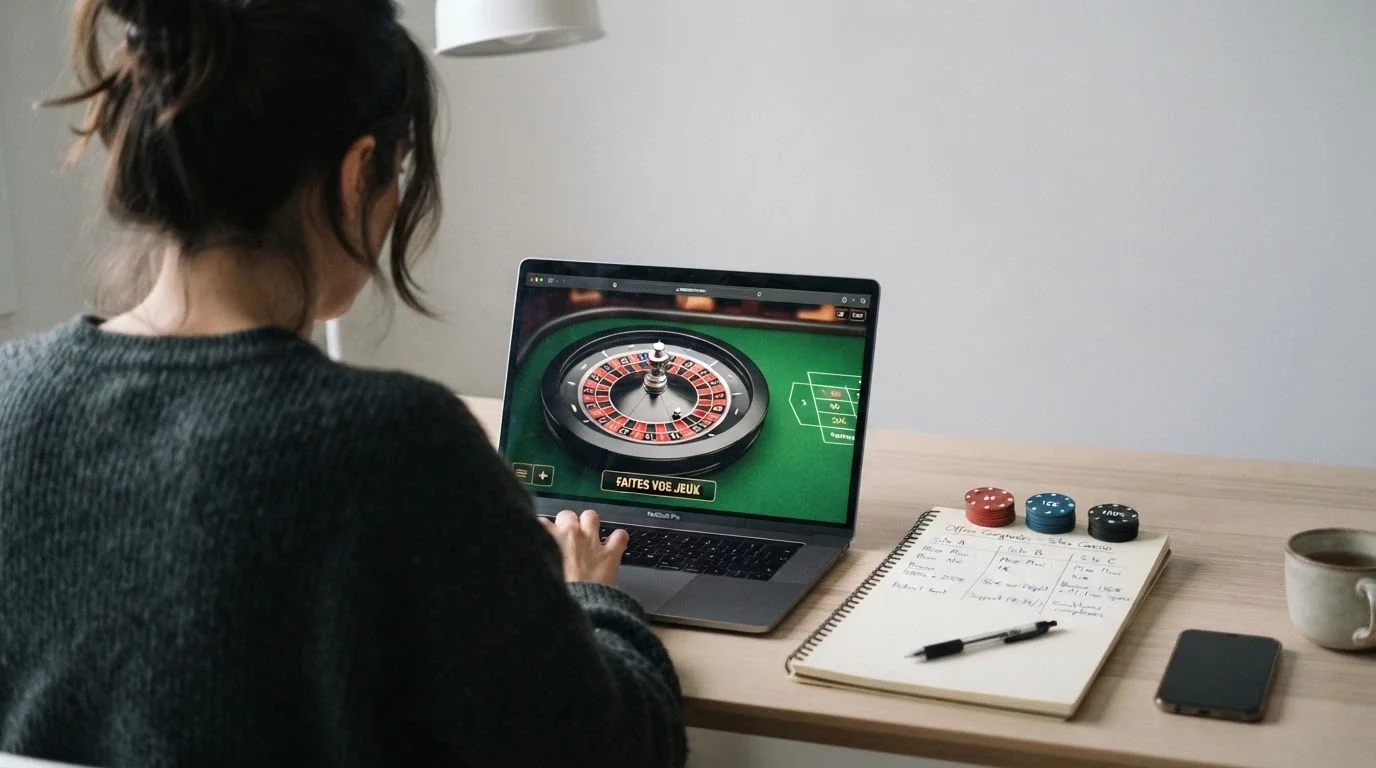 Écran partagé montrant les pages d'accueil de cinq casinos en ligne, chacune avec son offre de bonus 100 % mise en évidence, sur fond de carte de France