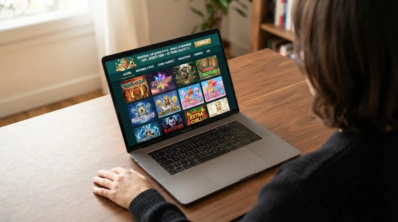 Écran d'accueil de casino en ligne affichant une grille de machines à sous, avec des vignettes de slots Pragmatic Play et Hacksaw Gaming reconnaissables