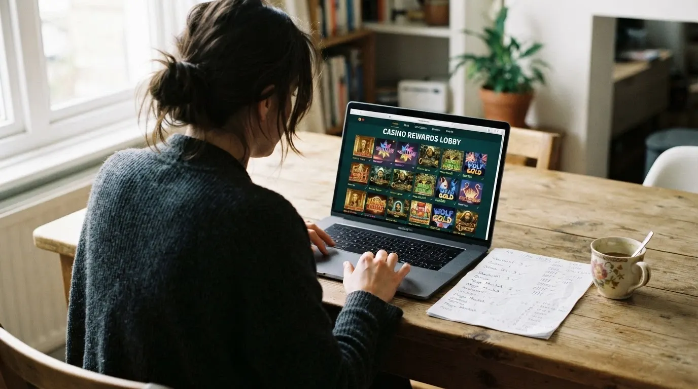Écran d'ordinateur affichant un tableau comparatif de casinos en ligne avec des colonnes de licence, bonus et nombre de jeux