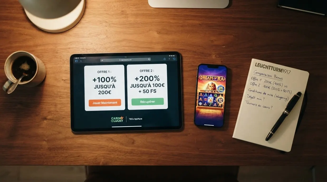 Écrans de plusieurs casinos en ligne affichant côte à côte leurs offres de bienvenue et leurs interfaces d'accueil