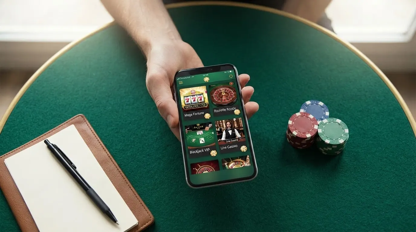 Une grille comparative stylisée affichant des icônes de casinos et des pourcentages de bonus, posée sur un fond de feutrine verte