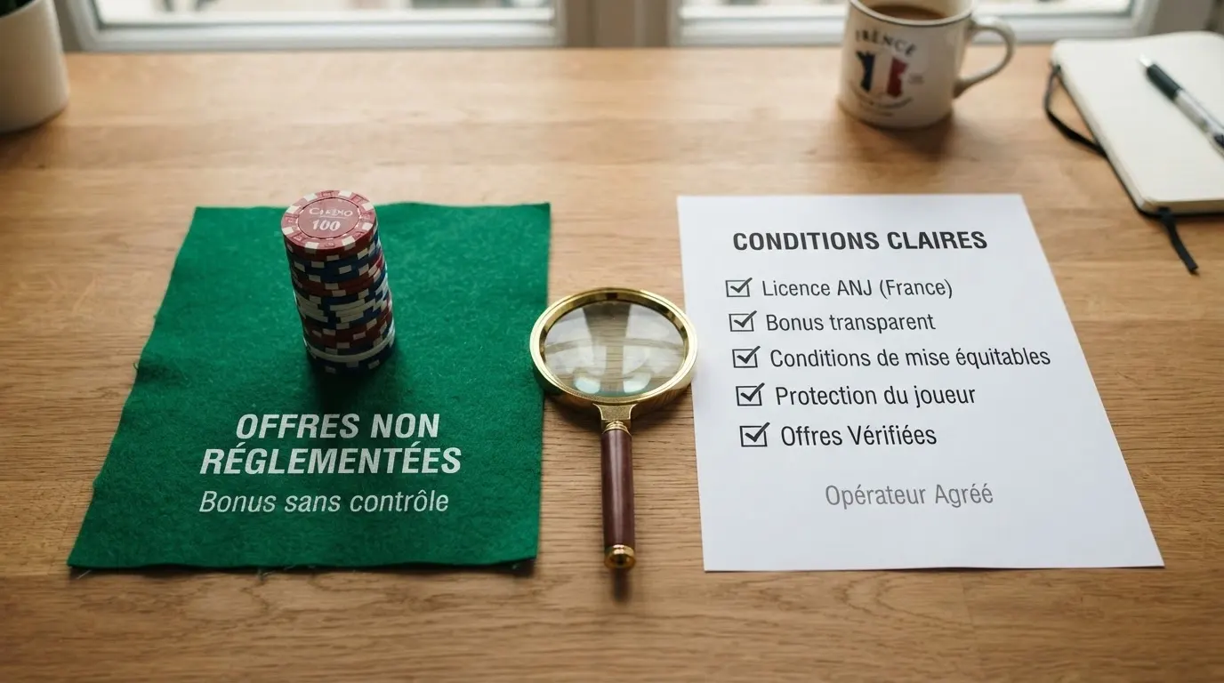 Un tableau comparatif visuel opposant les bonus agréés ANJ et les bonus de casinos non agréés avec leurs conditions clés.