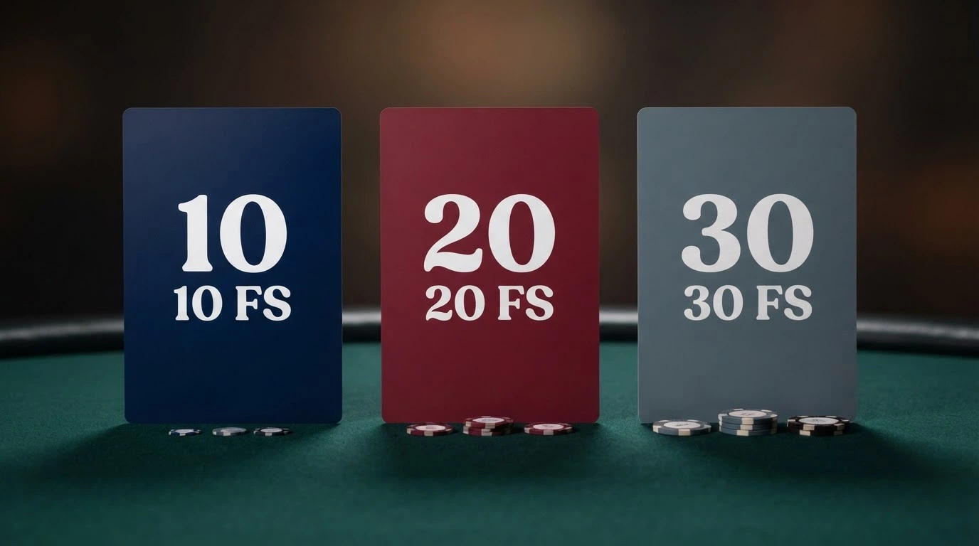 Trois cartes d'opérateurs de casino alignées côte à côte, chacune affichant un nombre de tours gratuits différent, une licence et un multiplicateur de mise
