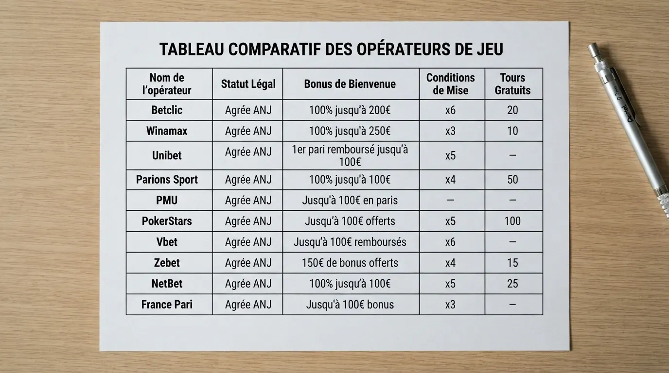 Tableau à cinq colonnes listant des opérateurs de casino en ligne avec leur licence, leur bonus de bienvenue, leur wager et leurs spins gratuites, les cellules vides marquées d'un tiret cadratin