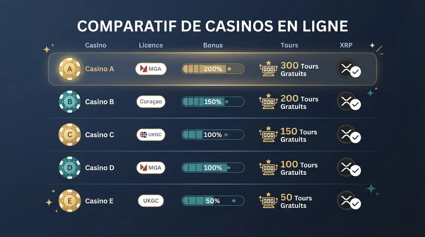 Tableau comparatif des dix casinos XRP avec leurs colonnes de licence, bonus et fournisseurs de jeux