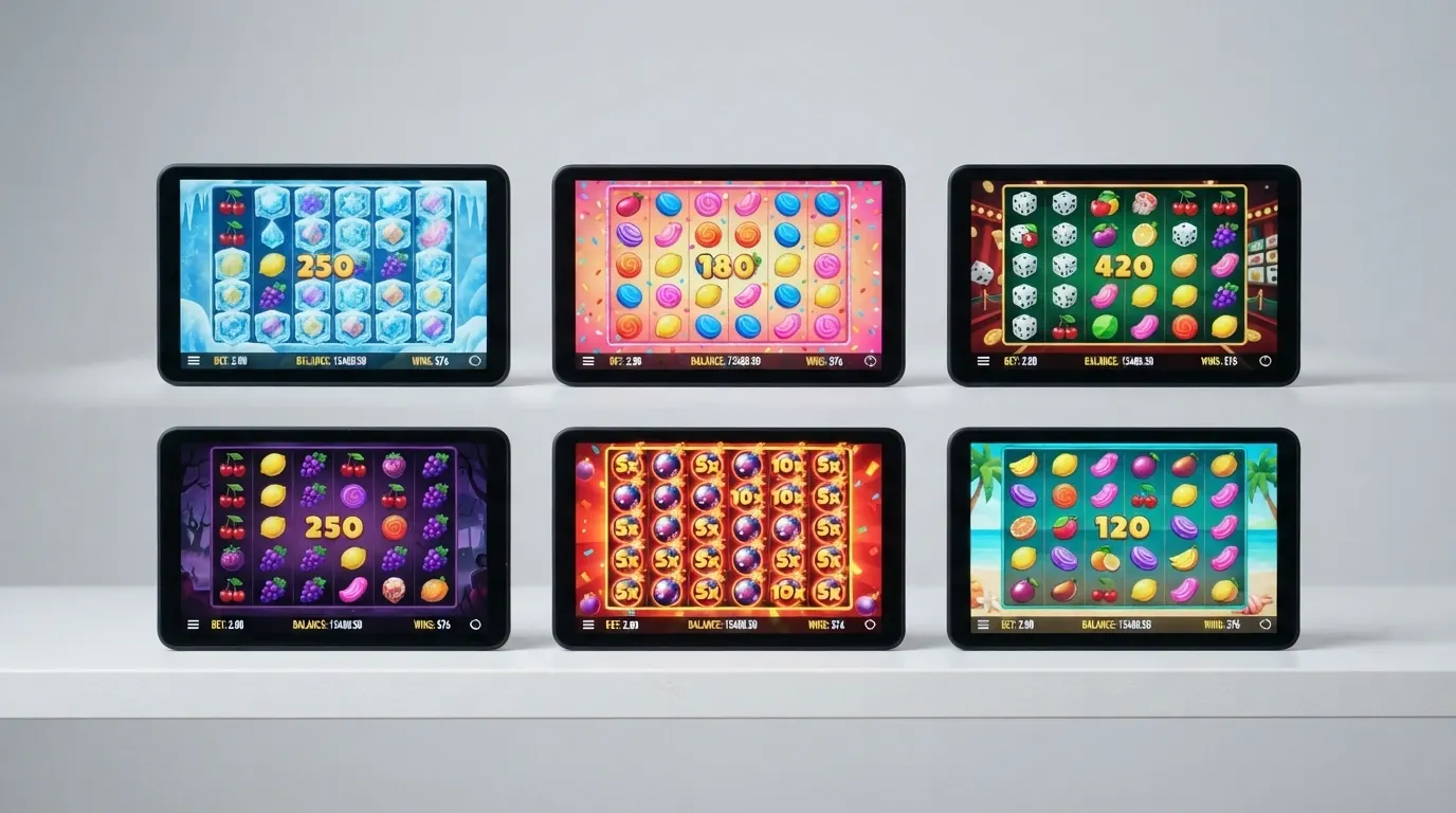 Montage comparatif des écrans-titres des six variantes de Sweet Bonanza (original, 1000, 2500, Xmas, Candyland, Dice) côte à côte