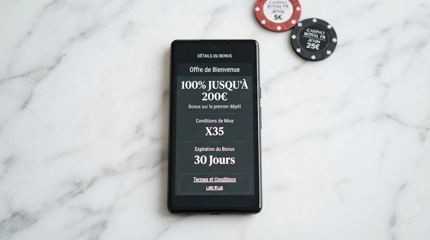 Capture d’écran d’une page de conditions de bonus affichant un pourcentage de bienvenue, un multiplicateur de mise et une date d’expiration