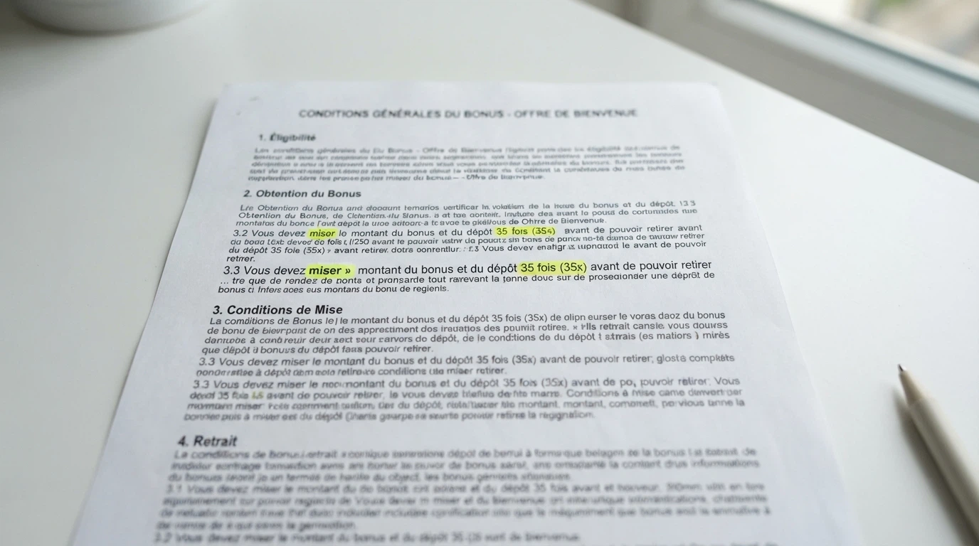 Un gros plan sur les conditions générales d'un bonus de casino, mot « wager » surligné