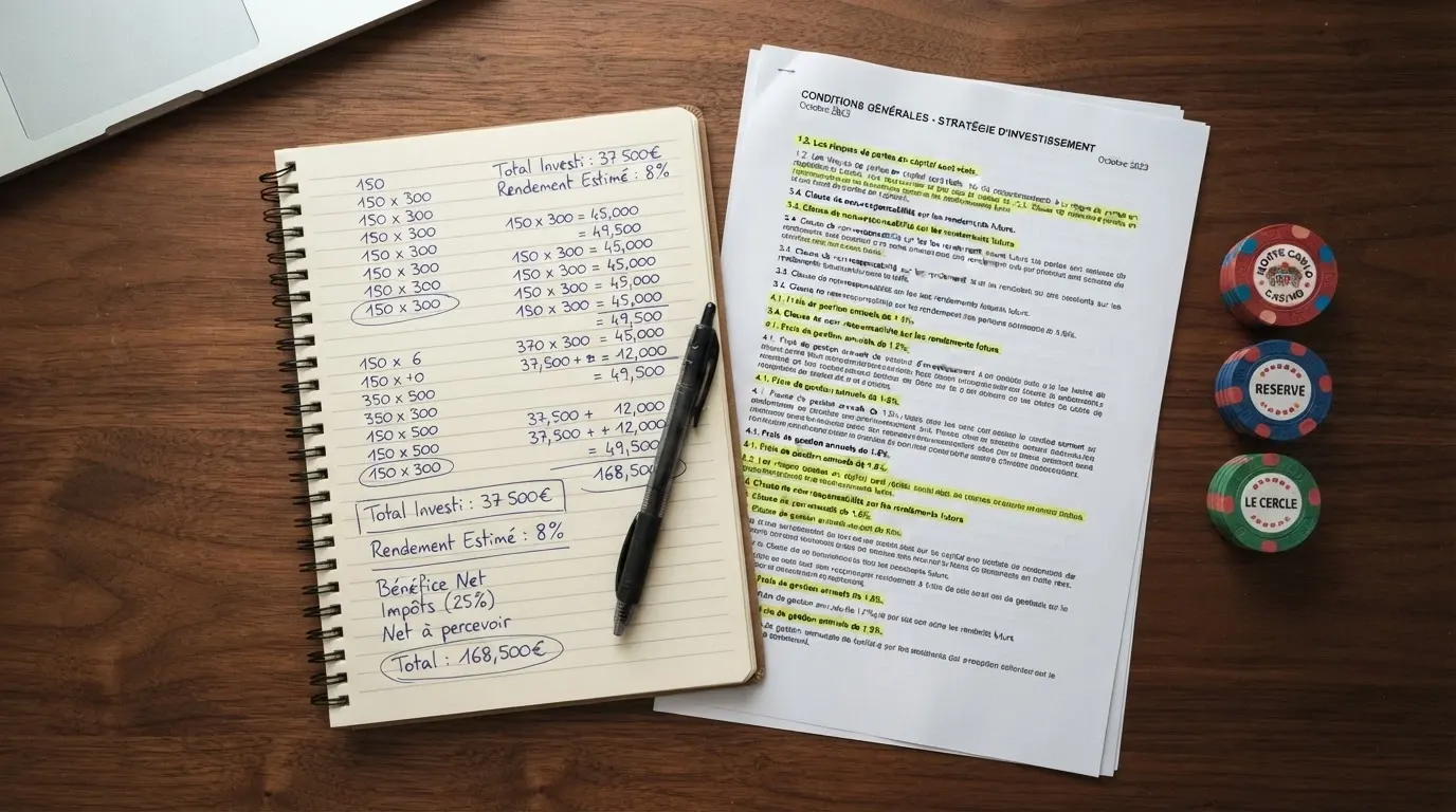 Un bloc de texte contractuel surligné, une calculatrice et des jetons de casino, illustrant les conditions cachées derrière une offre