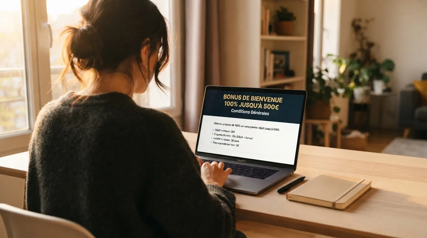 Page de conditions d'un bonus de casino affichant le pourcentage de correspondance, le montant maximal et le multiplicateur de mise requis