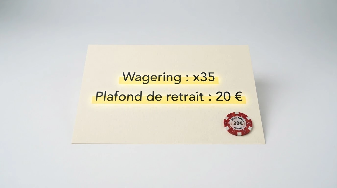 Capture d'écran des conditions générales d'un casino en ligne, avec le multiplicateur de mise (x35) et le plafond de retrait surlignés en jaune