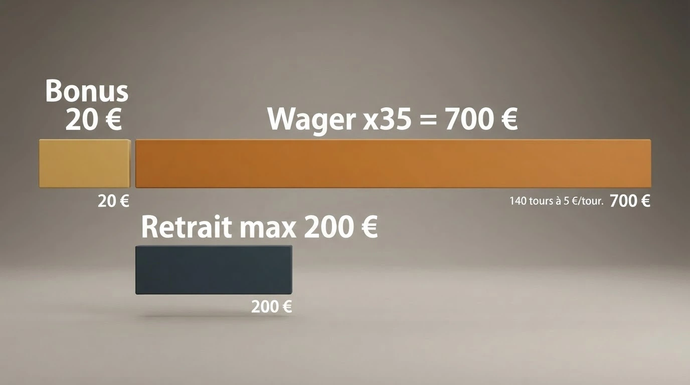 Représentation visuelle des conditions de mise appliquées à un bonus sans dépôt : wager, plafond de retrait et mise maximale