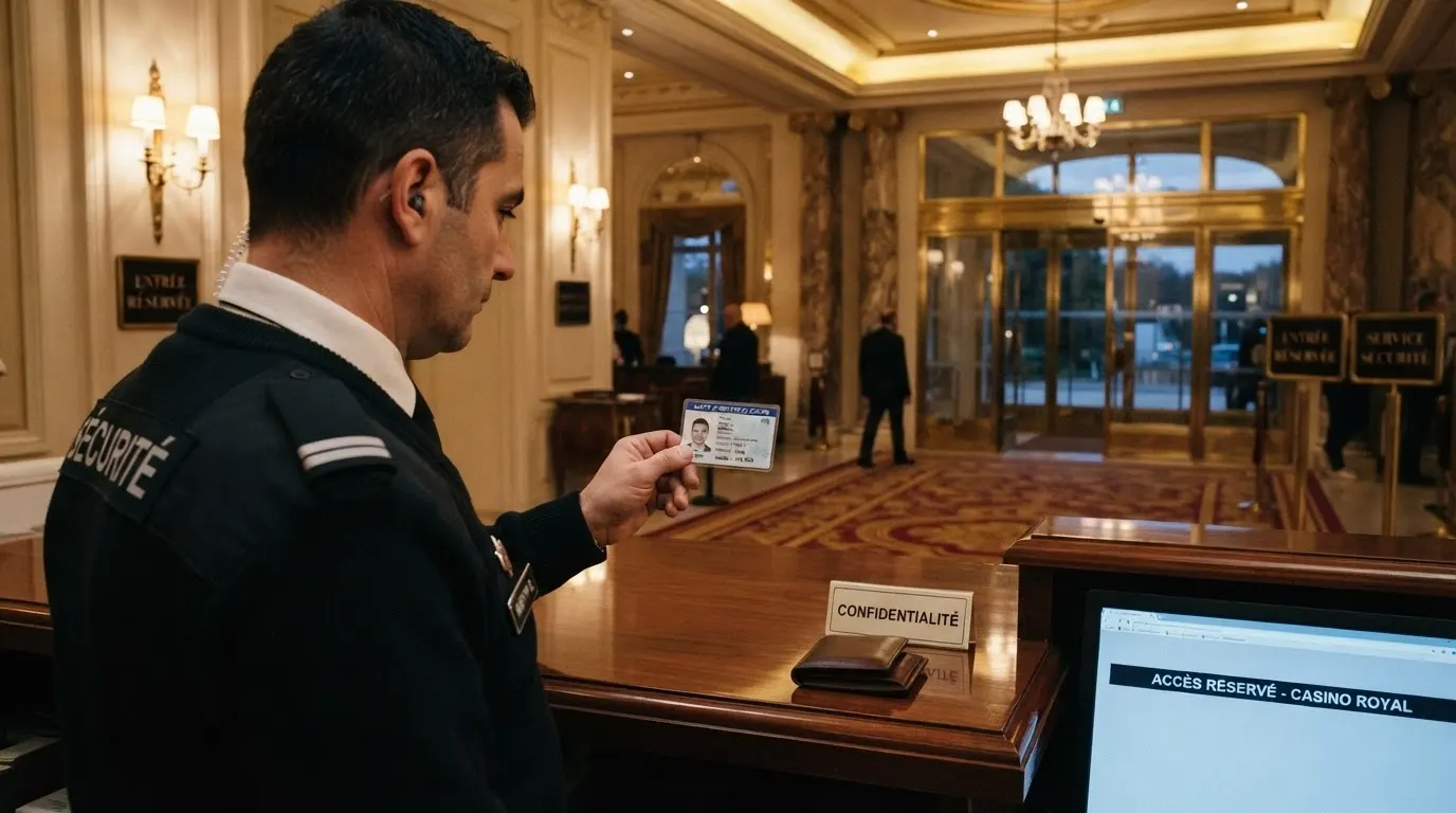 Un agent de sécurité en tenue vérifiant un document d'identité à un comptoir d'accueil de casino, avec le logo de la République française visible en arrière-plan.