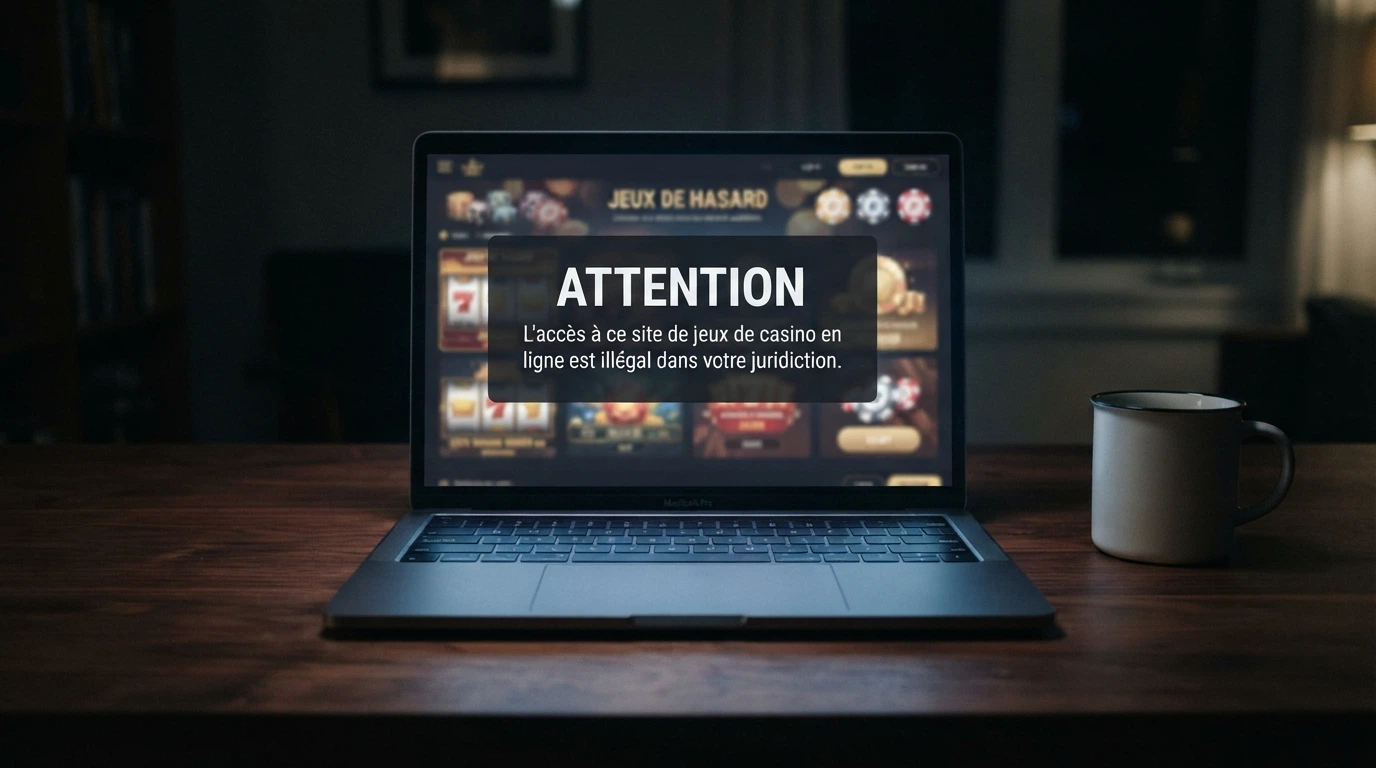 Interface d'un site de casino en ligne affichant un message d'avertissement légal en français, écran d'ordinateur sur fond sombre