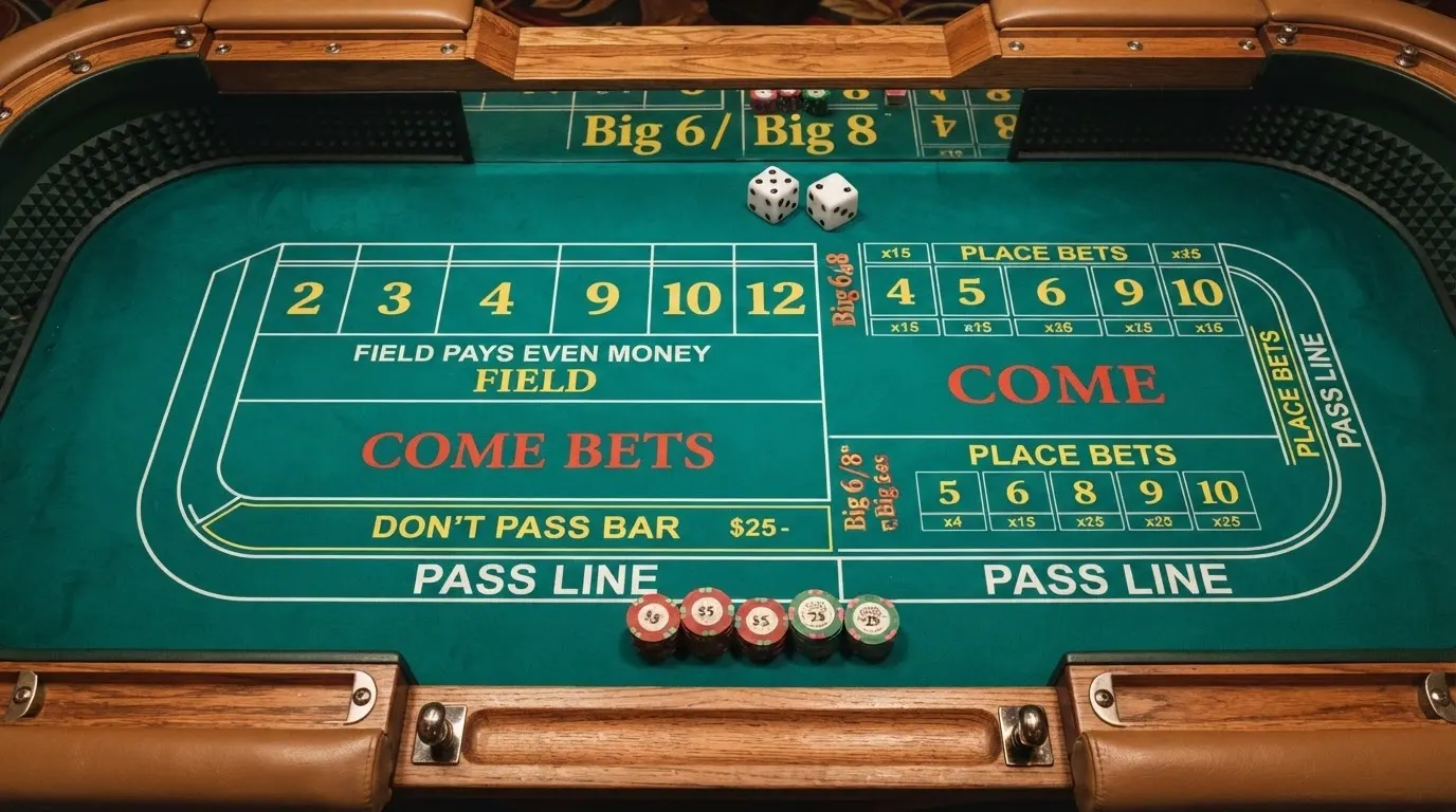 Disposition du tapis de craps avec les zones de mise Pass Line, Don't Pass, Come, Field et les emplacements des dés