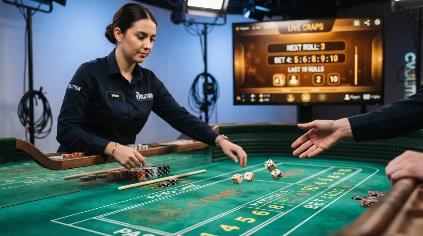 Un croupier en direct lançant trois dés sur une table de craps éclairée, écran de jeu visible en arrière-plan