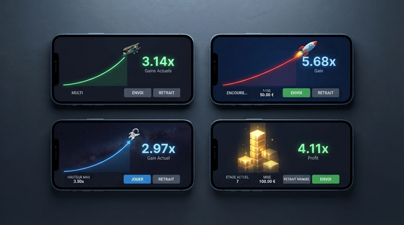 Les interfaces de quatre crash games majeurs — Aviator (avion), JetX (réacteur), Spaceman (astronaute) et Tower Rush (tour) — disposées en mosaïque comparative.