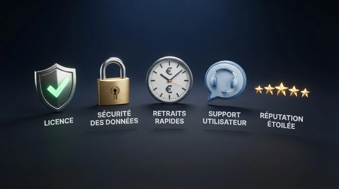 Une liste de contrôle avec des icônes représentant la licence, le cadenas de sécurité et un service client disponible