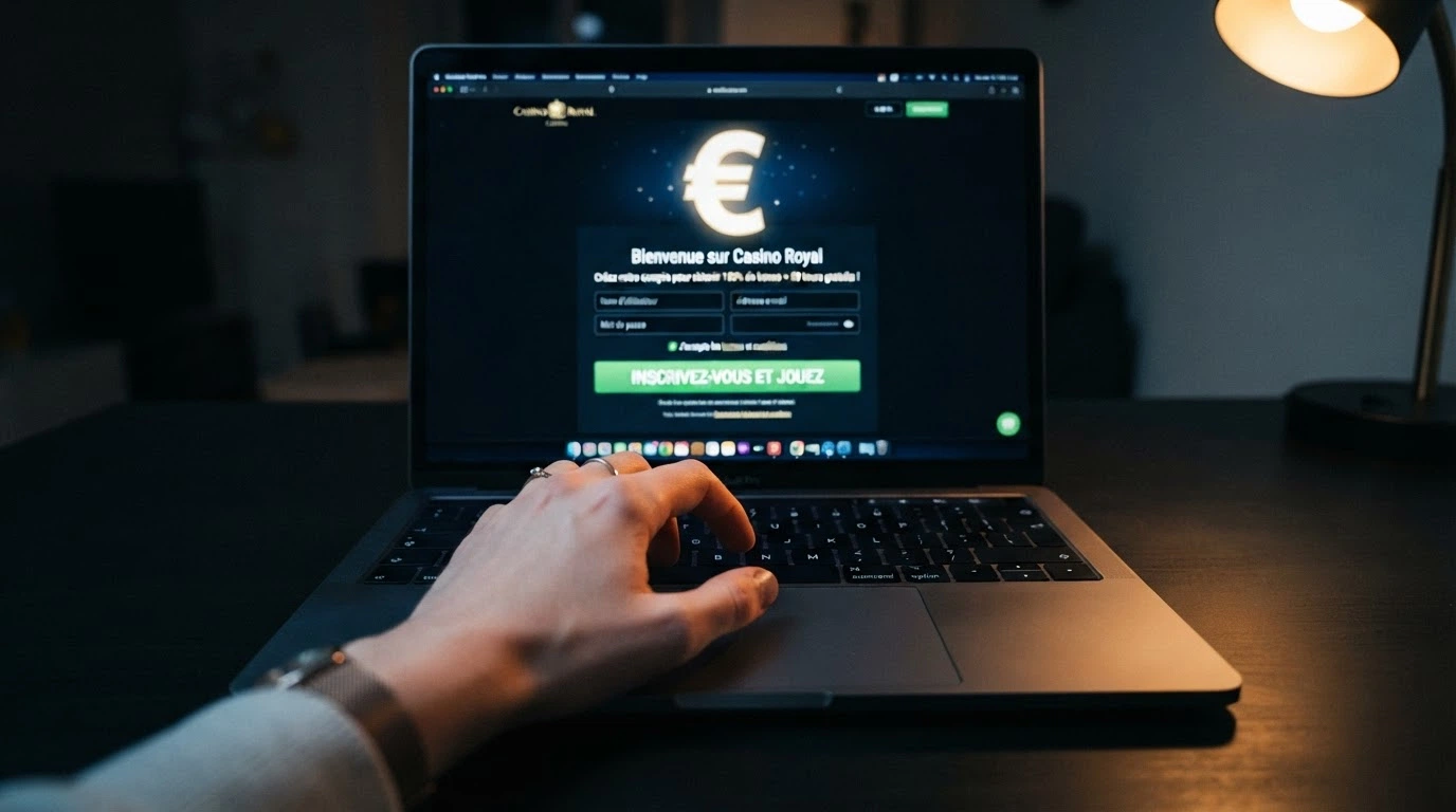 Une main hésitant au-dessus d'un clavier, l'écran affichant la page d'inscription d'un casino en direct