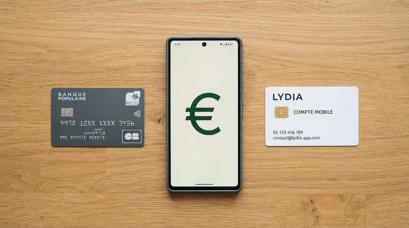 Portefeuille électronique, carte bancaire et téléphone posés côte à côte sur une table