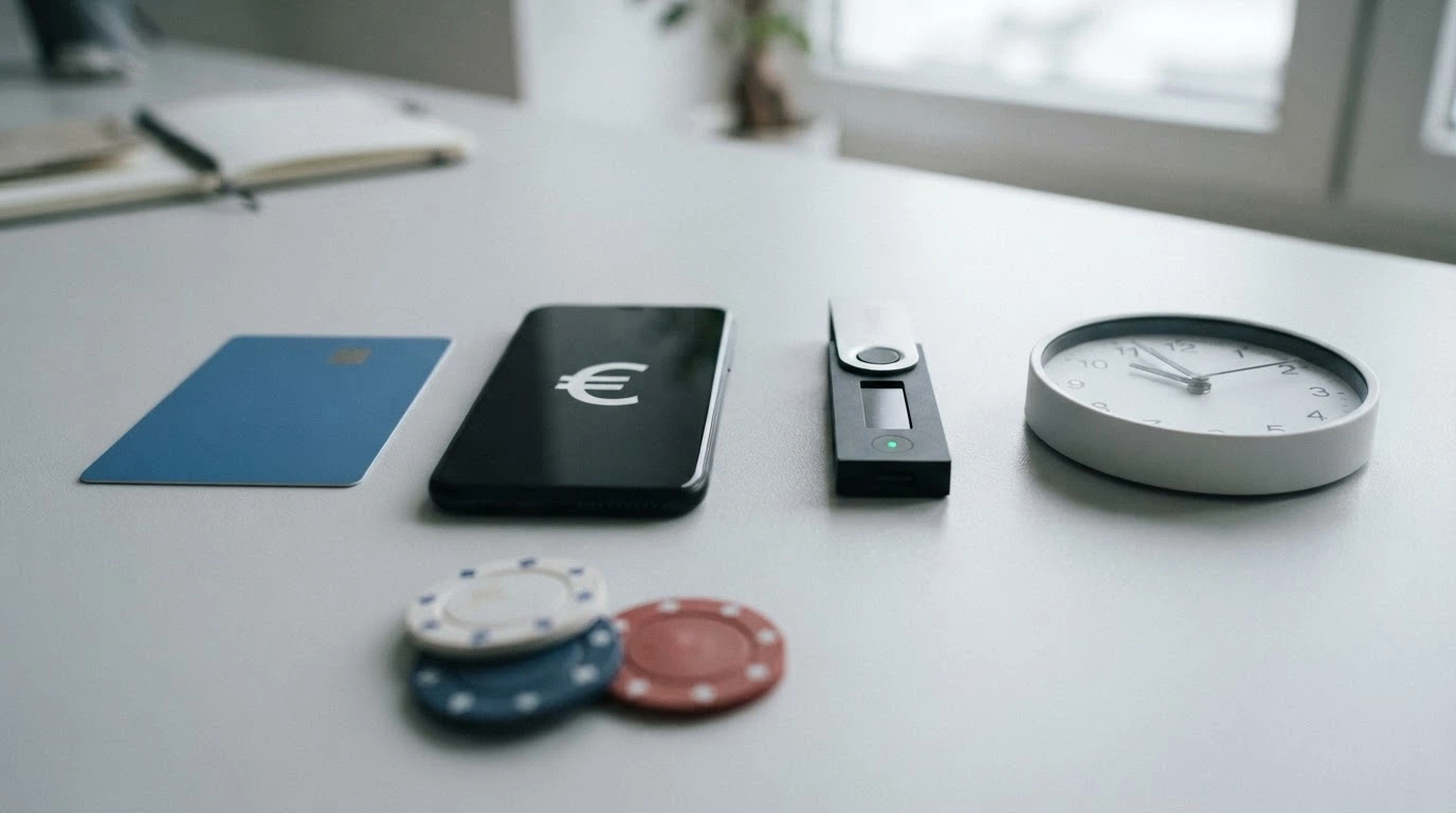 Une carte bancaire, un portefeuille de cryptomonnaie et un smartphone côte à côte sur un bureau, une horloge au-dessus et une pile d'euros au premier plan.