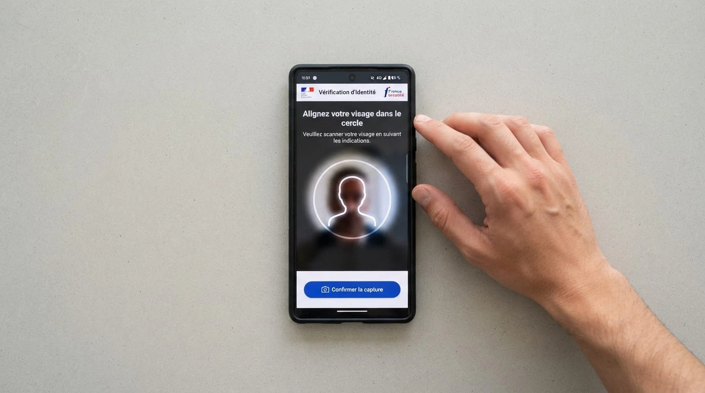 Un smartphone affichant l'écran d'authentification du portail ANJ avec l'interface de selfie dynamique, tenu par une main devant un fond neutre