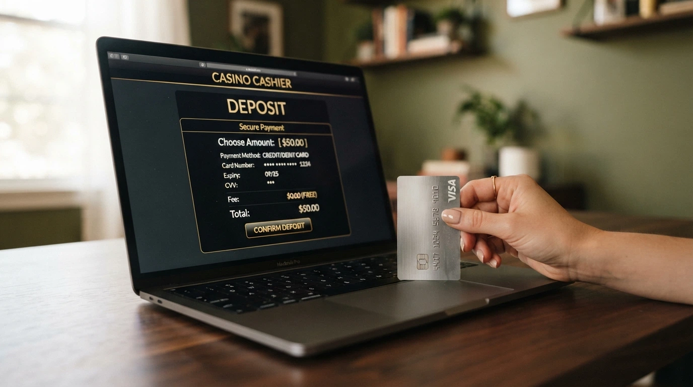 Une main tenant une carte American Express devant un écran de caisse de casino en ligne affichant un montant de dépôt et une ligne de frais
