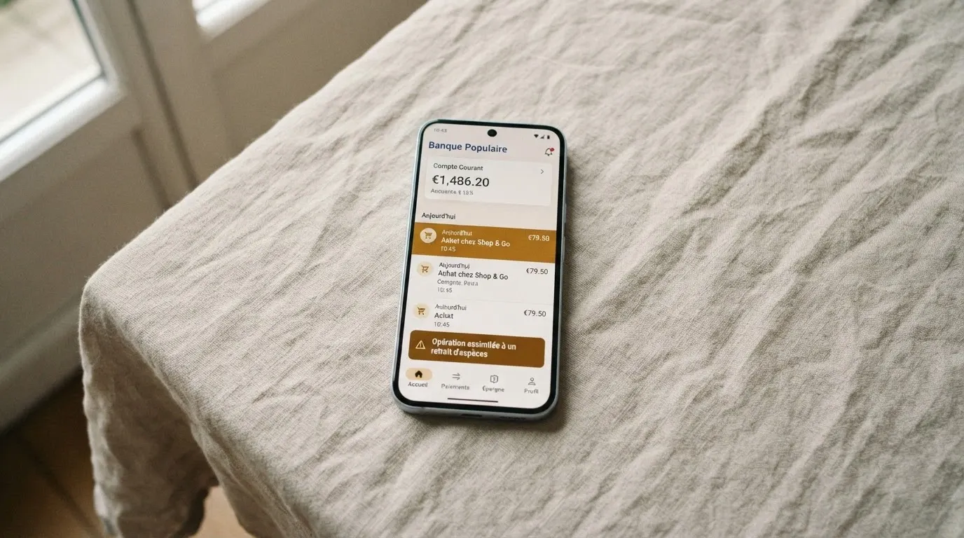 Application bancaire BoursoBank affichant la mention « opération assimilée à un retrait d'espèces » à côté d'une transaction vers un site de jeux