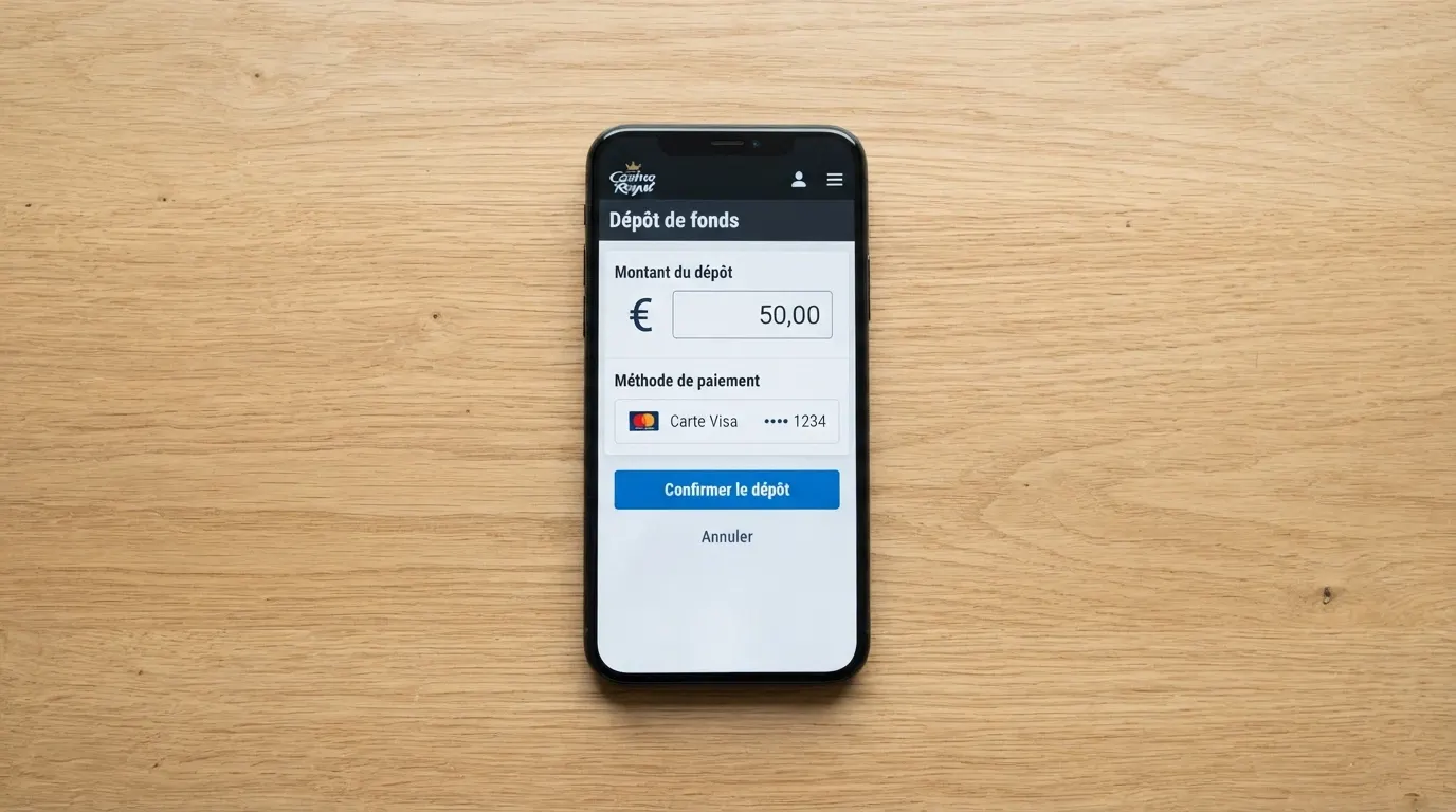 Téléphone affichant un formulaire de dépôt de casino en version mobile, avec un champ de montant et les options Visa et Mastercard