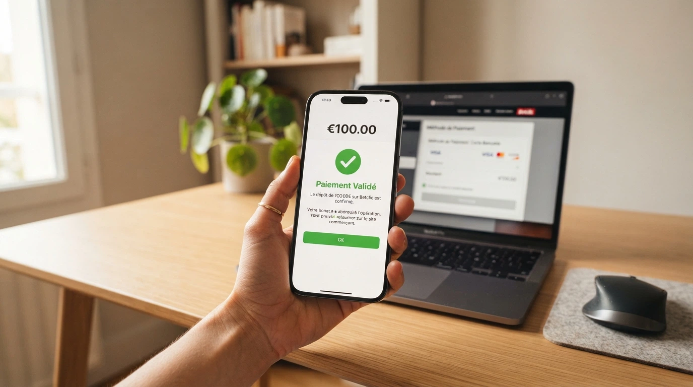Gros plan sur un smartphone affichant la validation 3D Secure dans l'application Revolut, avec un écran de caisse de casino en arrière-plan