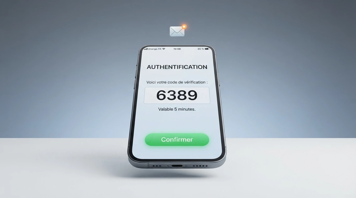 Un schéma simplifié du parcours de dépôt par téléphone : un smartphone, une icône SMS, un code de validation, et le compte joueur crédité