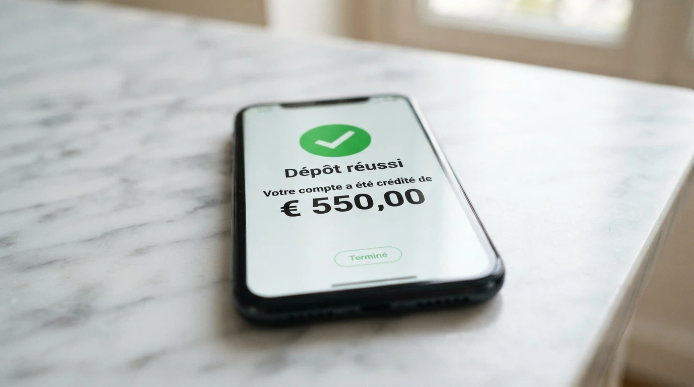 Un smartphone affichant l'écran de confirmation d'un dépôt Klarna réussi, juxtaposé à une icône de retrait barrée d'une croix rouge