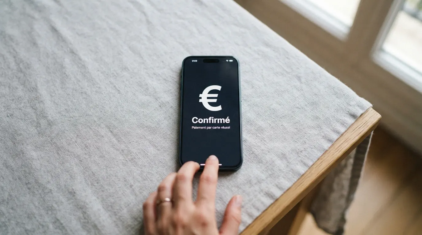 Un téléphone affichant l'application N26 avec un écran de confirmation de paiement par carte