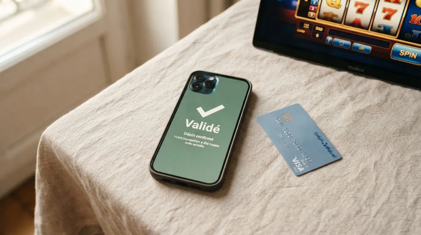 Main tenant un smartphone ouvert sur l'app Sumeria, l'écran affichant une transaction de dépôt validée, en arrière-plan flouté l'interface d'un casino