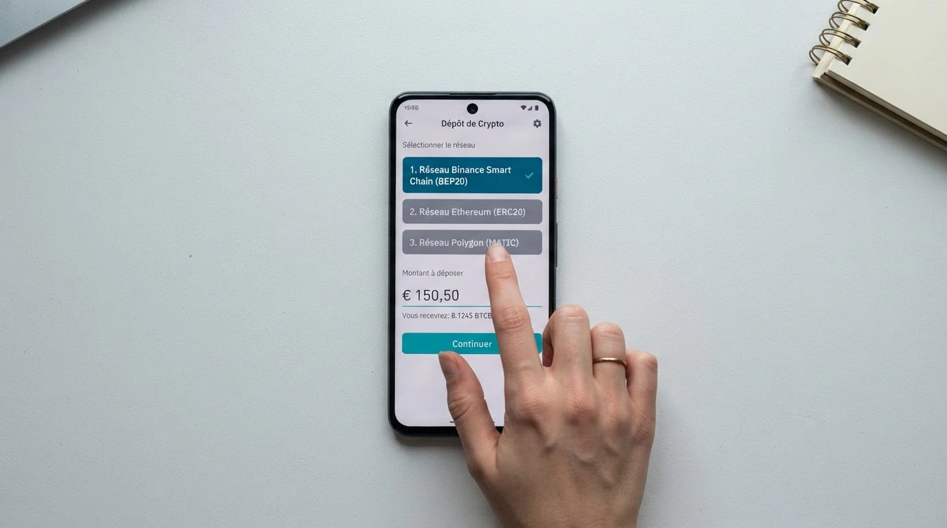 Interface de dépôt en cryptomonnaie sur un casino en ligne, affichant les options de réseau pour le Tether USDT (TRC-20, ERC-20, BEP-20) et le montant en euros