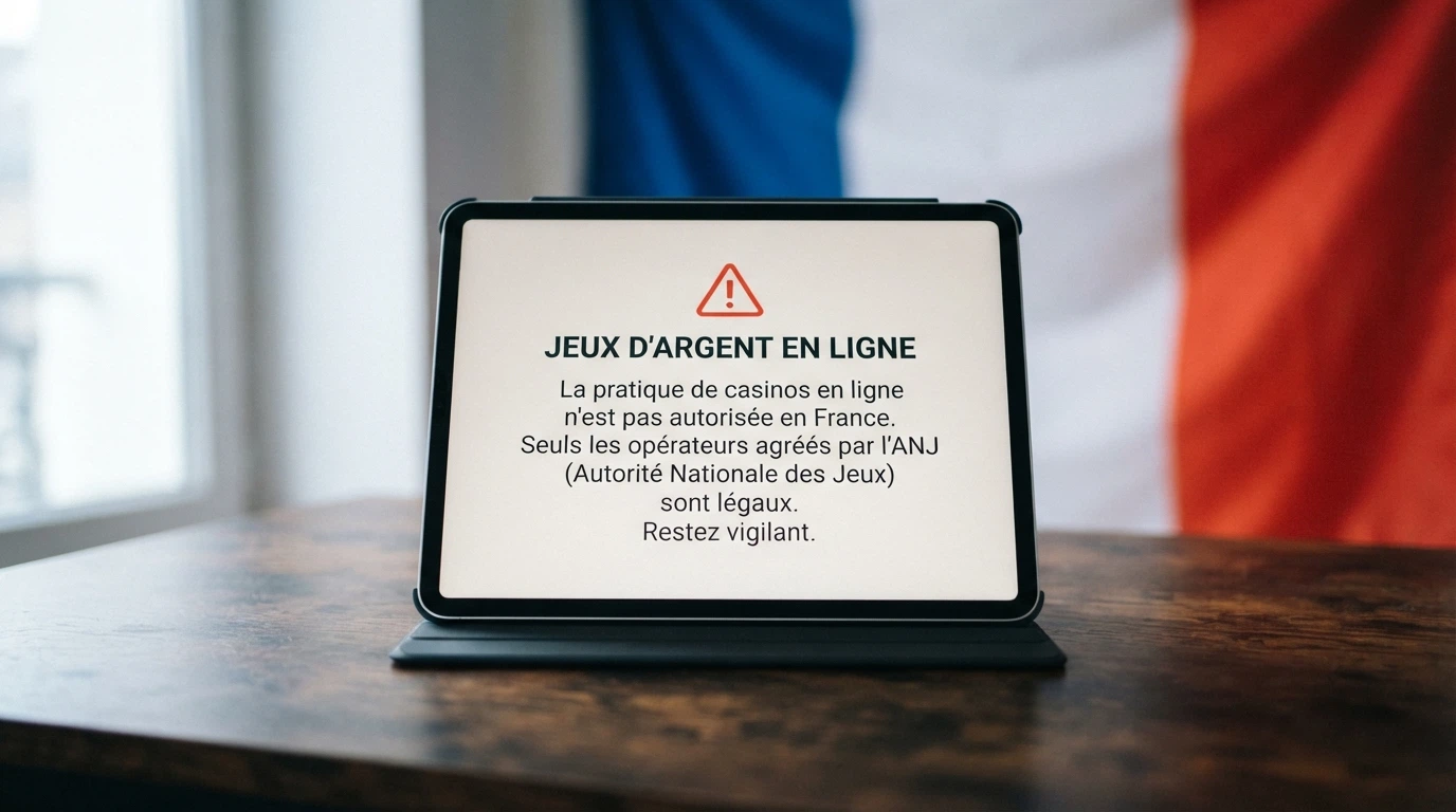 Un drapeau français flouté en arrière-plan d'un écran affichant le logo de l'ANJ et un bandeau d'avertissement sur les jeux d'argent