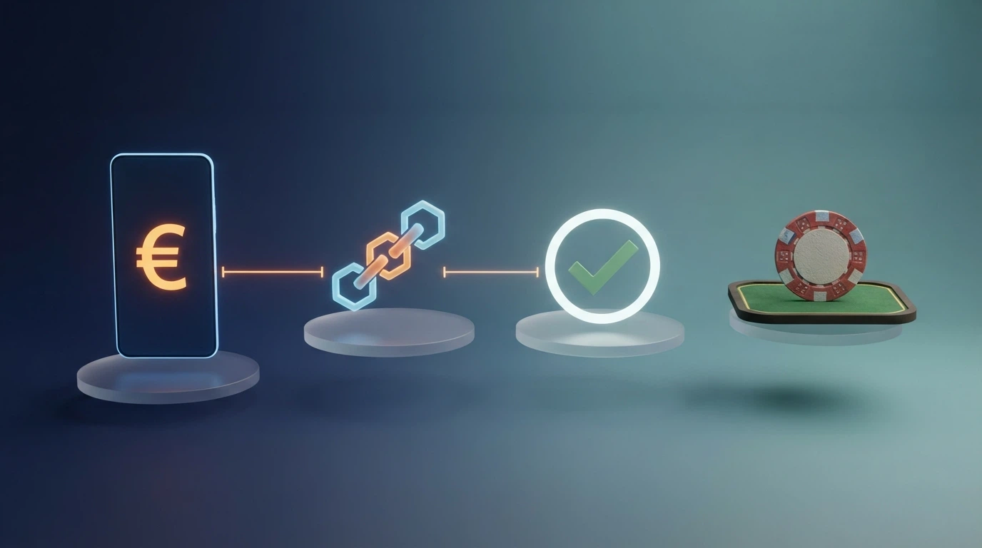 Une représentation visuelle du cheminement d'une transaction ADA : portefeuille, validation blockchain, confirmation, solde crédité sur le casino